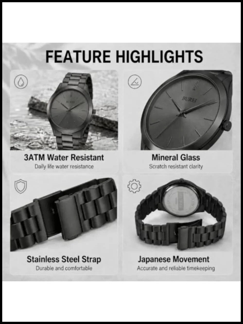 Men's Stainless Steel Analog Quartz Dress Watch 44mm Japanese Movement